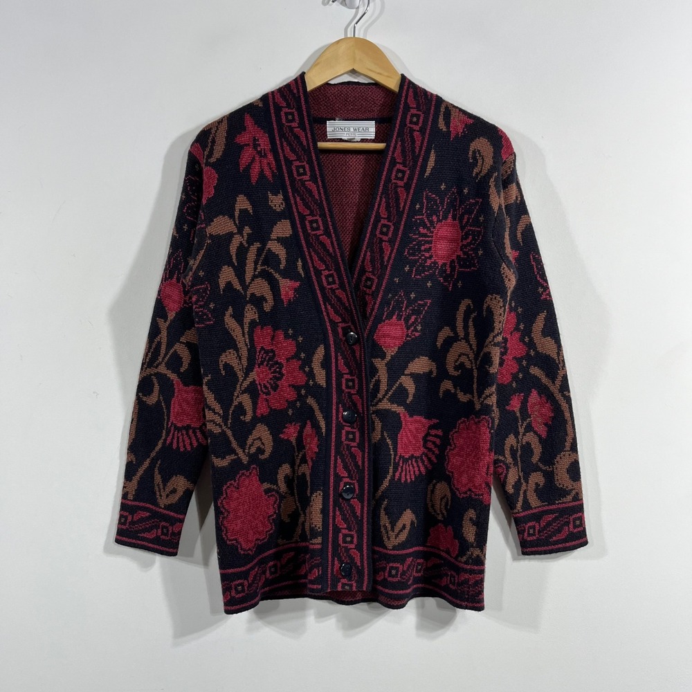 Jones VTG Whimsigoth Celestial Folk Floral Jacquard Cardigan Sweater Small Pet